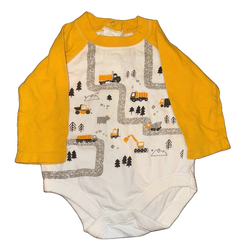 GYMBOREE Bodysuit Yellow/White Construction Tractor Graphic 3-6M